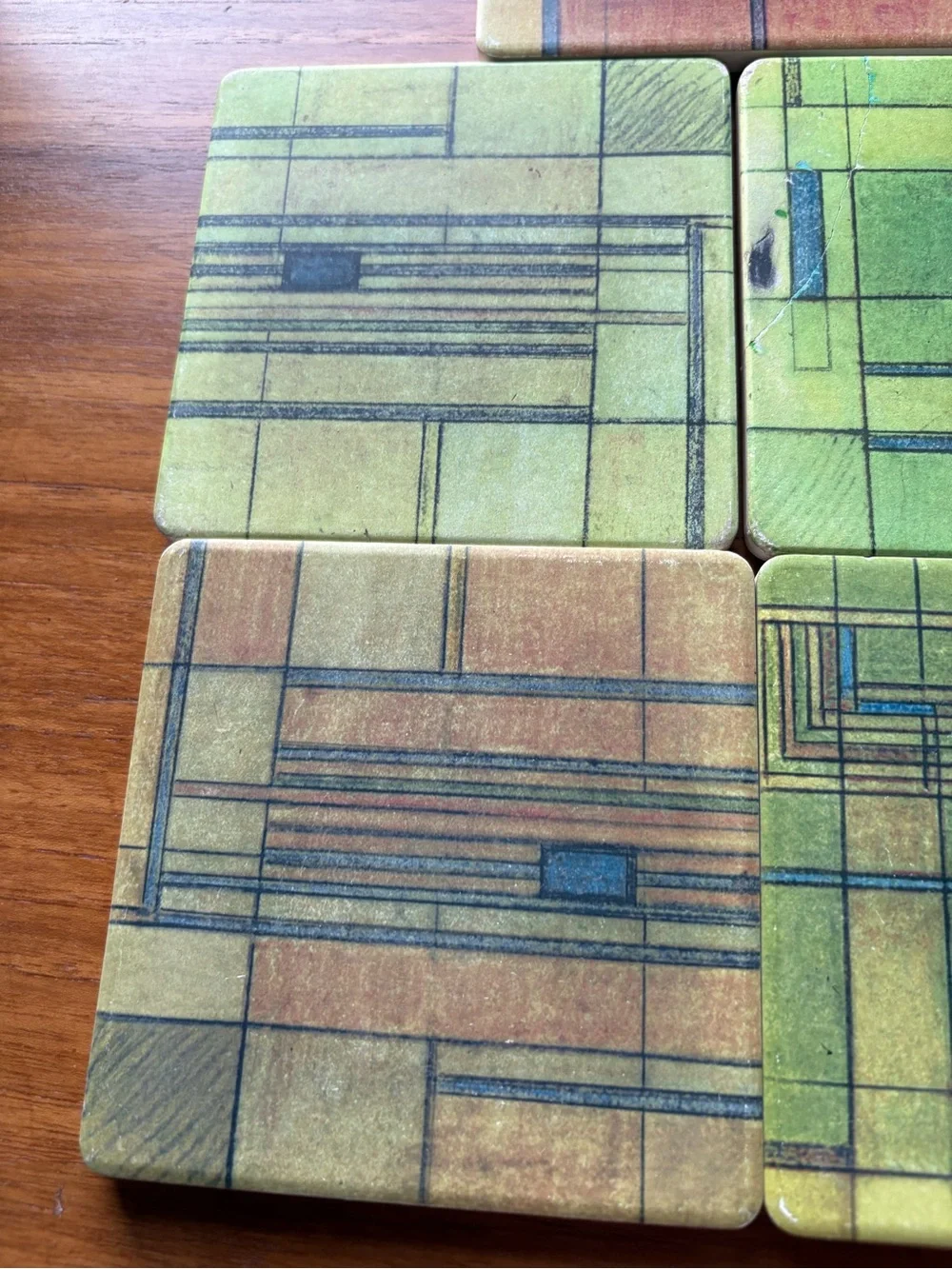 Set of 5 Absorbent Stone Coasters Frank Lloyd Wright Art Glass Designs Multi MCM